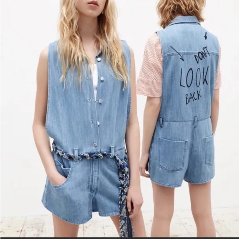 Zara Sleeveless Denim Romper Don't Look Back Print Collared Button Down Size XS